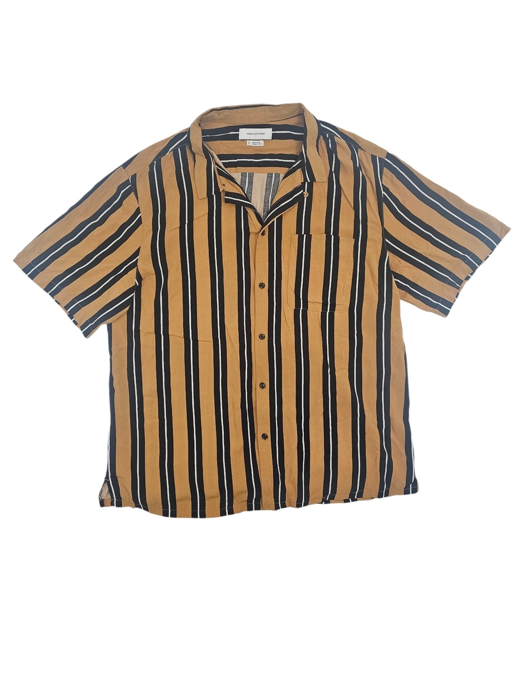 Urban Outfitters Men's XL Mustard Black White Vertical Stripe Camp Collar Button